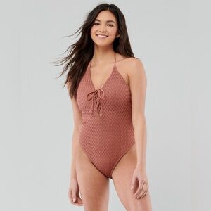 Hollister Lace-Up Crochet One-Piece Swimsuit - Rose Brown